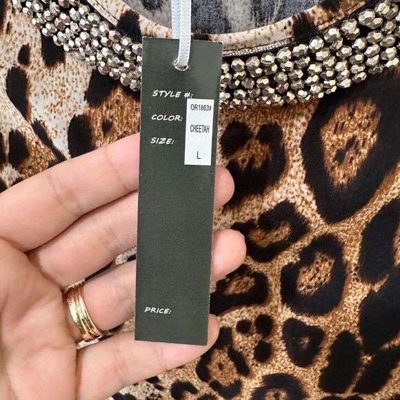 Cheetah Print Cold Shoulder Blouse Womens Large Lola‎ B Silver Beaded Top New - Picture 3 of 12